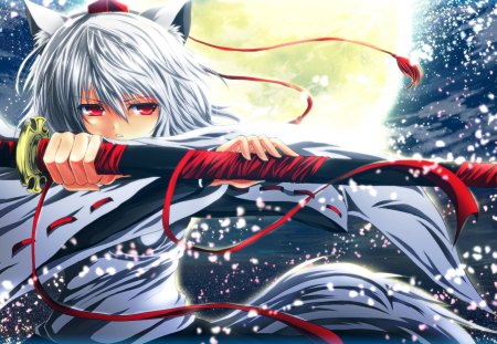 Inubashiri Momiji - sky, hot, hat, other, red eyes, touhou, cherry blossom, sliver hair, cool, petals, full moon, fox ear, anime, ribbon, sword, cute, moon, sexy, girl, animal ears, fox girl, night, fox tail, inubashiri momiji