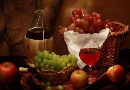 AN OLD FASHIONED STILL LIFE - harvest, food, table, still life, linen, grapes, wine, apples, fruit, baskets, bottles