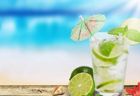 WATERSIDE COOLER - refreshments, glasses, summertime, citrus, pools, umbrellas, limes, quenchers, drinks, cocktails