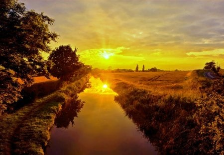 WEDNESDAY MORNING - road, river, field, sunrise, country