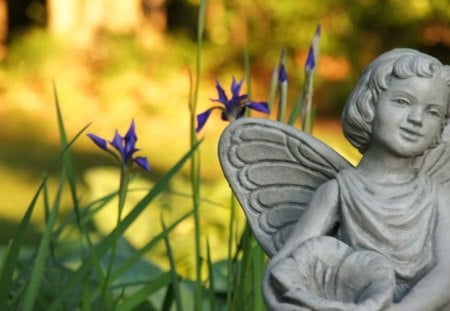 ~ Sit with me in my garden ~ - summer, angel, flowers, nature, purple, garden, iris, wings, butterfly