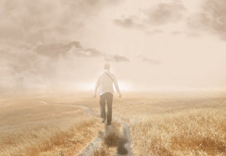 Path Well Taken - sky, autumn, god, religion, field, path, road, mist, fall, meditate, father, trail, walk, man, clouds, religious, dust, young, boy, fog, meditation, lane