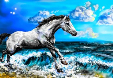 Run With the Wave - grey horse, horse, animals, fantasy, ocean, nature