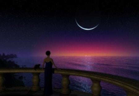 Romantic_Wallpaper - moon, balcony, sunset, trees