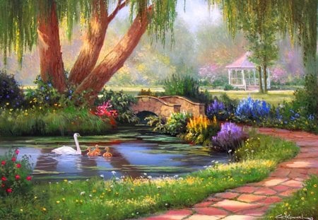 Summer park - grass, meadow, flowers, swans, fresh, garden, gazebo, lake, nice, trees, water, beautiful, lovely, colorful, nature, green, painting, bridge, park