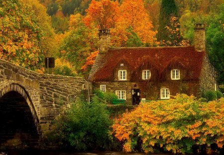 Beautiful nature scene - calm, creek, scene, stone bridge, leaves, shore, riverbank, house, trees, beautiful, stones, colorful, river, nature, autumn, peaceful, bridge