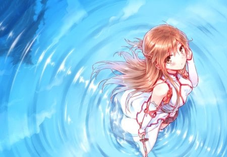 Yuuki Asuna - breasts, ripples, white legwear, walk, long hair, sword art online, asuna, skirt, water, hot, sword, thighhighs, yuuki asuna, blush, looking up, brown hair, cool, boob, sexy