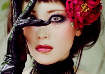 exotic beauty - black, flower, exotic, red gloves