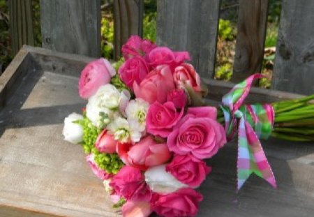 For the Love of Pink - roses, white, design, arrangement, ribbon, floral, bouquet, pink