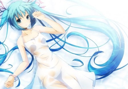 Hatsune Miku - aqua, hot, thigh highs, thighhighs, music, anime girl, see through, transparent, white, laying, amazing, art, cool, aqua eyes, artistic, hatsune miku, ecchi, sexy, song, stunning, vocaloids, program, vocaloid, beautiful, diva, fantastic, dress, beauty, nice, twintail, singer, aqua hair, black, virtual, pretty, idol, anime, miku, cute, twin tail, no bra, girl, cg, hatsune, blue, nude, awesome, digital