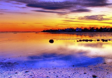 colorful coastal seascape - ciast, sunset, town, sea, colors