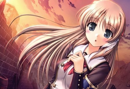 Silvaria Fione - sky, wind, aiyoku no eustia, orange, anime, anime girl, sunset, silvaria fione