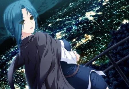 Sera Kurokawa - sky, sera kurokawa, landscape, night, anime girl, black, lovely x cation, blue, city, anime