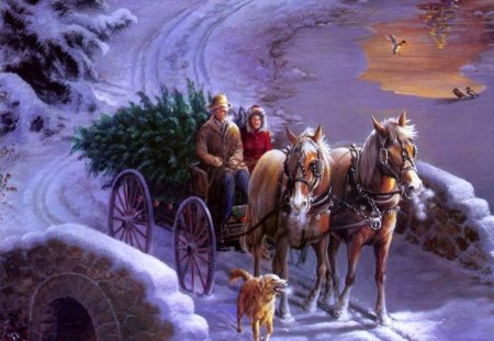 bringing home the tree - horses, trees, snow, dog