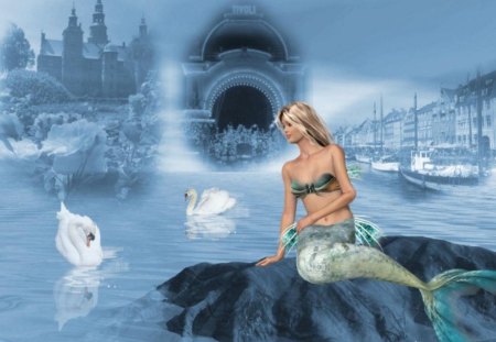 3D_Art_girl_Wallpaper - boats, birds, water, mermaid