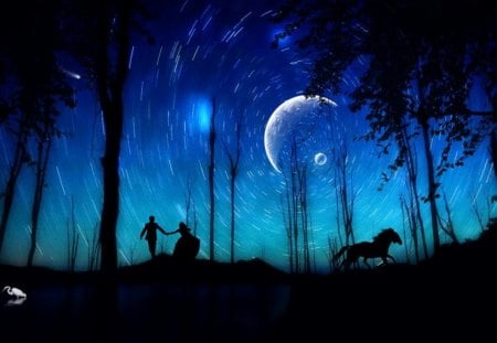 Dancing_in_the_Moonlight - moon, horse, couple, trees