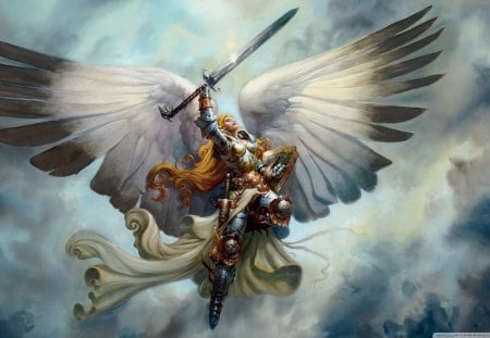 archangel - warrior, wing, painting, sword, angel