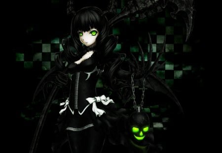 Anime - chain, girl, a skull, black hair, horns, label, easy smile, green eyes, ribbon, dead master, nails, twisted hair, black rock shooter