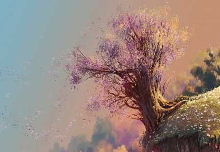 Romantic tree - paint, romantic, beautiful, romance, splendor, colors, tree, lovely peaceful