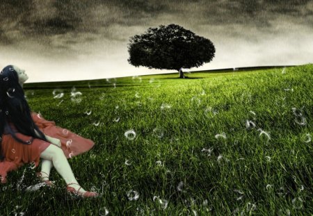 Rains In Wilderness - water, smart aleck, wilderness, girl, drops, grass, meadow, tree, rains, wahab hameed, raining