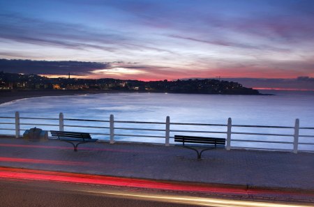 Lovely View - road, beautiful, amazing, ocean, view, light, city, nature, sunset, colorful, benches, beauty, peaceful, sky, bench, town, clouds, lovely, splendor, sea, colors, sunrise