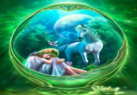 World_of_Love - moon, girl, horse, bird