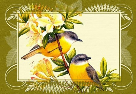 yellow birds - flowers, birds, branch, leaves