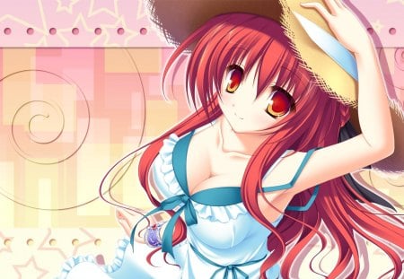 Karen Lux Victoria - summer, anime girl, wind, white, 77, red, karen lux victoria, anime, green