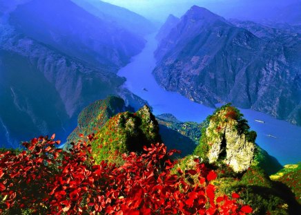 Beautiful view - nice, sky, trees, water, rocks, creek, river, high, mountain, summer, shore, lovely, nature, beautiful, flight, flowers, stones