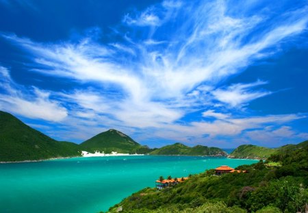 Emerald river - summer, cabin, amazing, grass, mountain, shore, riverbank, lake, cottage, sky, clouds, house, greenery, lakeshore, river, nature, green