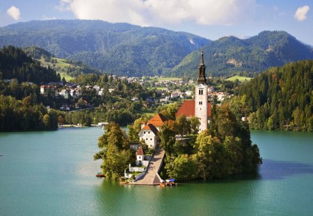 Small Island - village, street, water, lake, mountains, houses, church