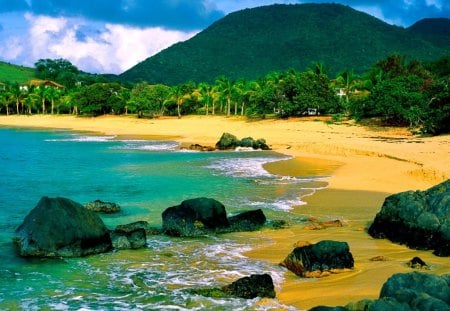 The shores of St. Martin - nice, sky, beach, tropics, greenery, rocks, clouds, emerald, green, sunny, sands, palm trees, mountain, palms, summer, tropical, shore, lovely, exotic, nature, forest, blue, beautiful, st martin, island, stones