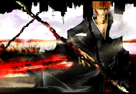 Ichigo Kurosaki - anime, chain, sword, ichigo, kurosaki ichigo, male, bleach, ichigo kurosaki, weapon