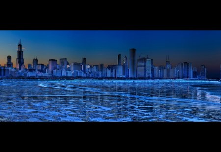 CHICAGO AT NIGHT PANORAMA - photography, skyline, illinois, city, nights, chicago, lights, skyscrapers, panorama, lake