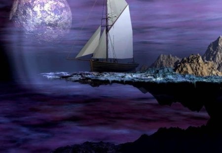 sailboat in purple seascape - moon, water, rock, saulboat