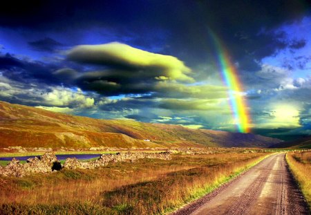 RAINBOW - sky, rainbow, road, view