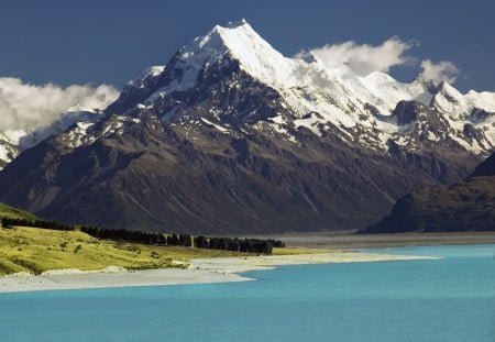 Mount Cook, New Zealand - ground, grass, white, land, nature, mountain, cold, wind, water, daylight, blue, lake, sky, clouds, day, green, snow