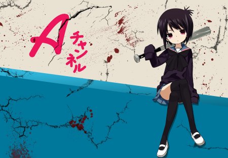 A Channel - black, blood, crack, wall, anime, girl, blue, school uniform, brutal, white, baseball bat, skirt, graffiti, hair