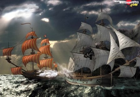 two ships in story seas - water, boats, clouds, light