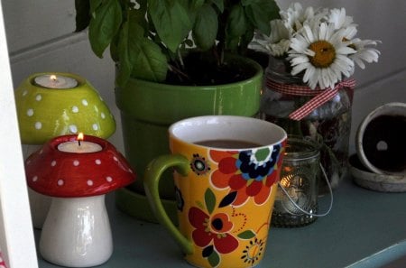 Morning coffee on the porchâ™¥ - mushrooms supporters, burning, polka dots, porch, candles, white, works, yellow, green, plant, daisies, mug, morning, coffee, fresh, atmosphere, entertainment, floral, red, lights