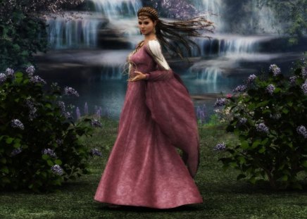 pink lady - flowers, waterfalls, water, girl, pink dress