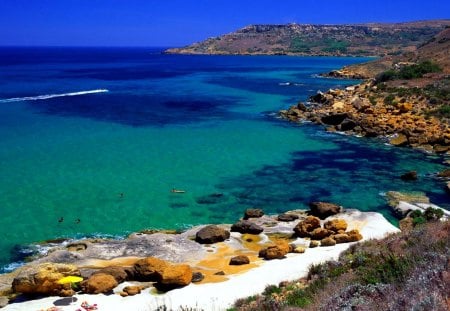 BLUE LAGOON - clear, ships, coast, beach, stones, ocean