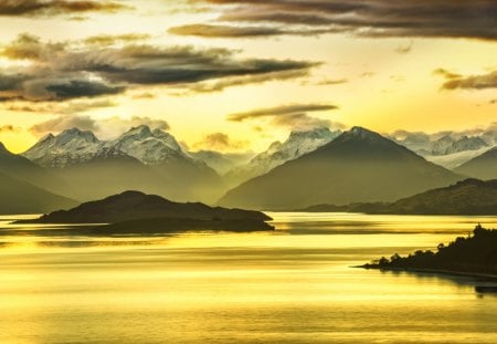 The Golden Valleys - beautiful, amazing, ocean, queenstown, view, golden, nature, sunset, mountains, water, landscape, valley, beauty, glenorchy, peaceful, lake, sky, sunrays, new zealand, reflection, sunlight, clouds, lovely, splendor, sunrise