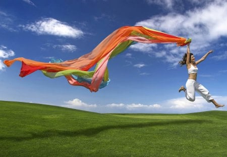 The Joy of Life - jumping, women, landscape, scarf