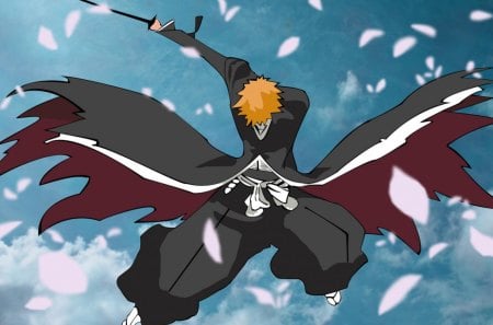 Ichigo Kurosaki - male, sky, lone, bleach, kurosaki ichigo, petals, weapon, anime, ichigo kurosaki, ichigo, sword