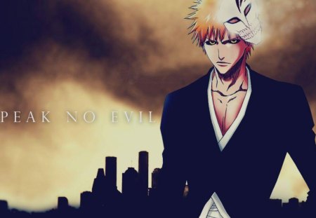 Speak No Evil - anime, ichigo, kurosaki ichigo, male, mask, bleach, ichigo kurosaki, lone, orange hair