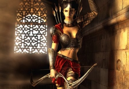 The Two Thrones - dark hair, female, archer, prince of persia, armour, arrows, weapon, games, bow, video games