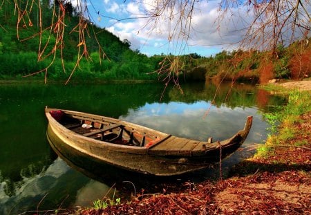 RESTING BOAT - lake, forest, autumn, boat