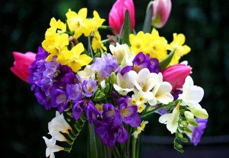 Bouquet of fresh flowers - nice, fresh, gift, colorful, tulips, bouquet, lovely, still life, vase, pretty, beautiful, colors, flowers