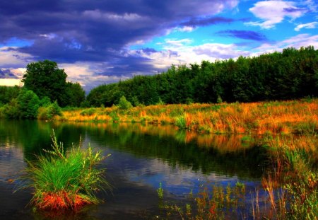 STORMY CLOUDS - nature, sky, trees, river, clouds, storm